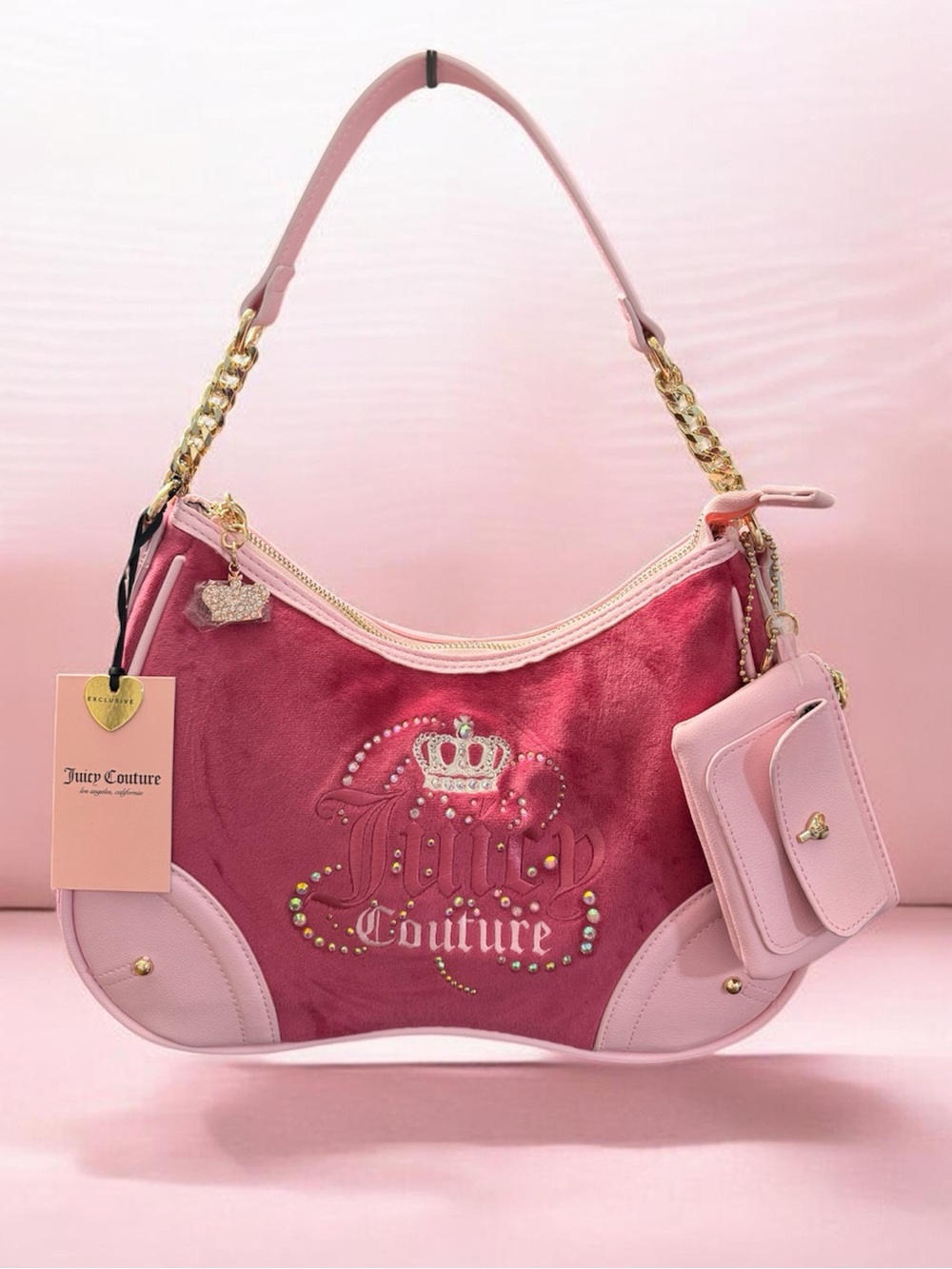 Juicy Couture Two-Tone Pink Velvet Shoulder Bag with Gold Chain